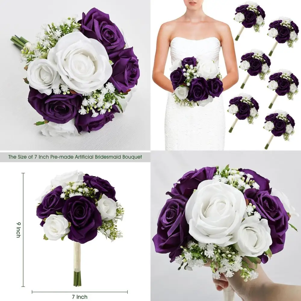 

Set of 6 Deep Purple & White Artificial Silk Bridesmaid Bouquets for Weddings, Ceremonies, and Special Events