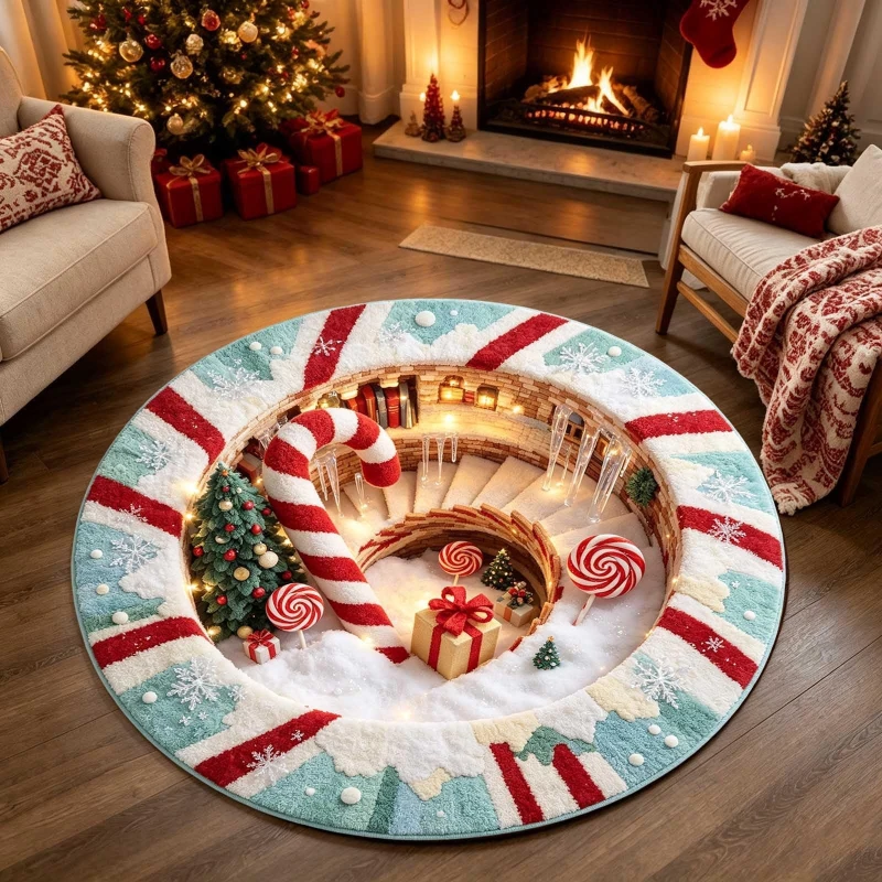 Christmas Snowman Round Floor Rug Gift Box Small Xmas Tree Print Soft Carpet for Kids Room Holiday Decor
