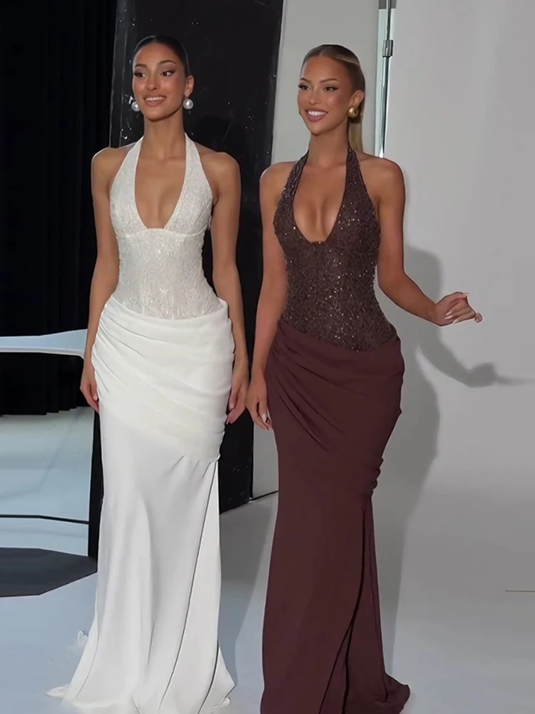 Seltsame Puss Pailletten Kleid Kleid Frauen Halter Low Brust Backless Patchwork Pfirsich Hüfte Elegante Sexy Geburtstag Cocktail Party Bodycon