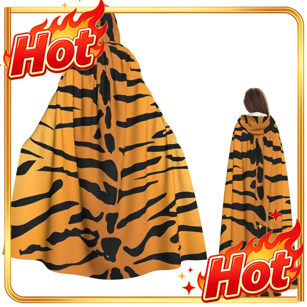 Tiger Fur Sketch Color Picture Long Hooded Cloak Witch Medieval Costume Cosplay Cape HalloweenVampire Adult Unisex