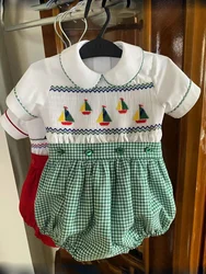0-6Y Boy Summer Sailboats Handmade Embroidery Smocked Green Plaid Outfit Suit for Party Birthday Hoiday Christmas A106