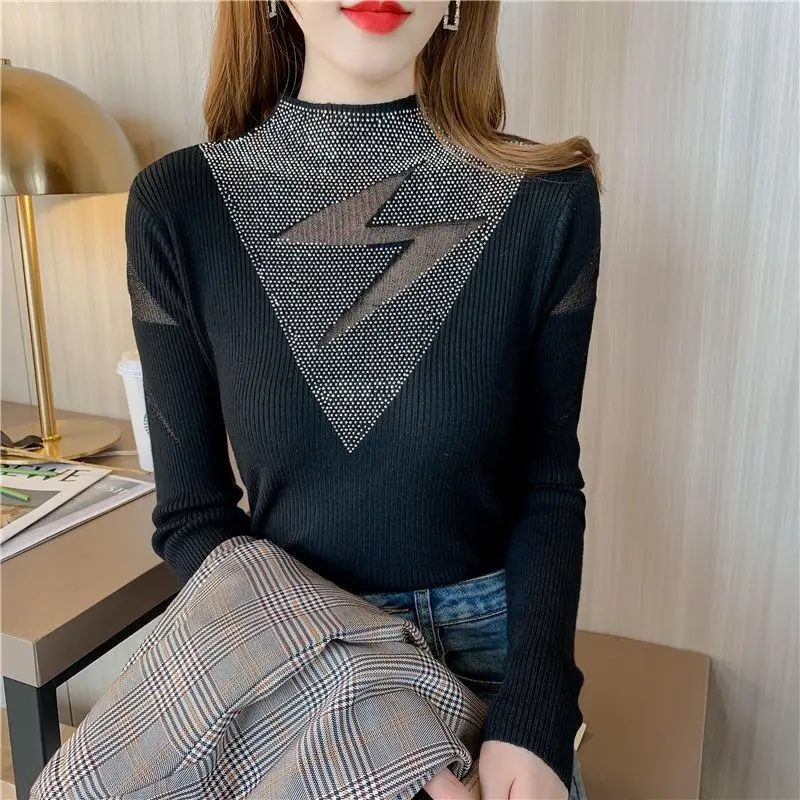 Autumn Winter New Sexy Diamonds Gauze Hollow Out Knitted Women\'s Half High Neck Long Sleeve Solid Color Sweater Slim Bottom Tops