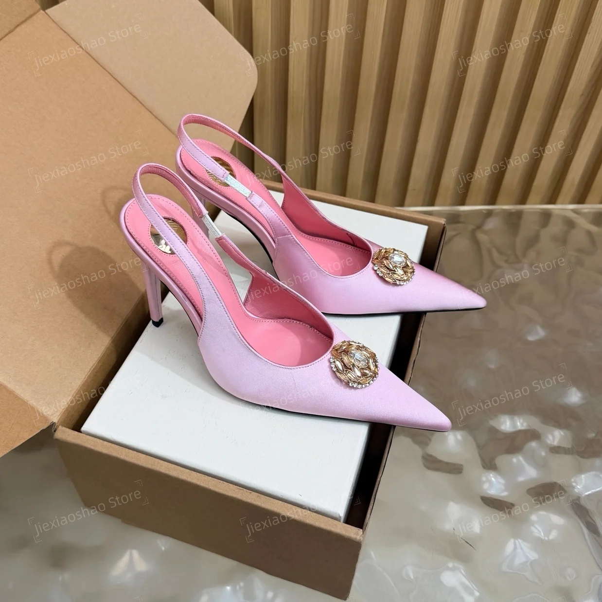 Top Quality Sexy Silk Pointed-Toe Stiletto Ladies Wedding Slingback Woman Sandals Banquet Pumps Plus Size Wedding Botas Mujer