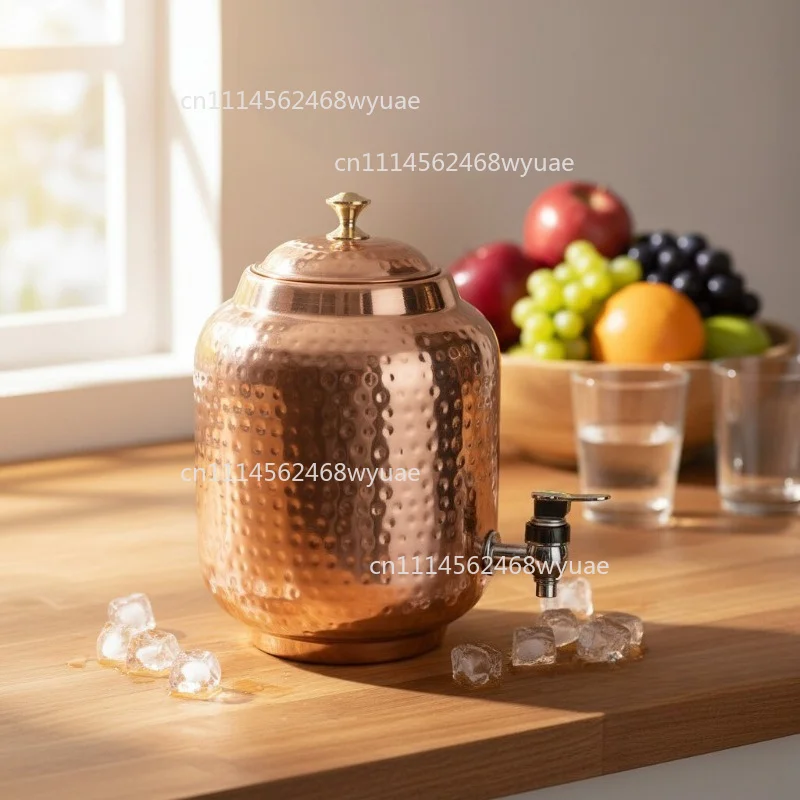 Pure Copper Indian Water Pot, Traditional Handcrafted, Distressed Antique, 4.8L, Single Piece