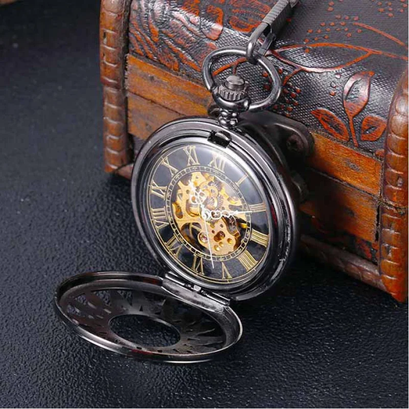 Black FlamePattern Mechanical Pocket Watch Roman Scale Large Mechanical Pocket Watch