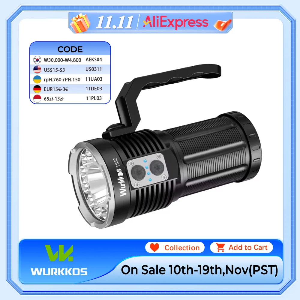 

Wurkkos TS32 Powerful Flashlight 13000LM 3A Power Bank Dual Switch 3*21700 Waterproof Light 12* XPL2/LH351D + 1* SFT40 LED
