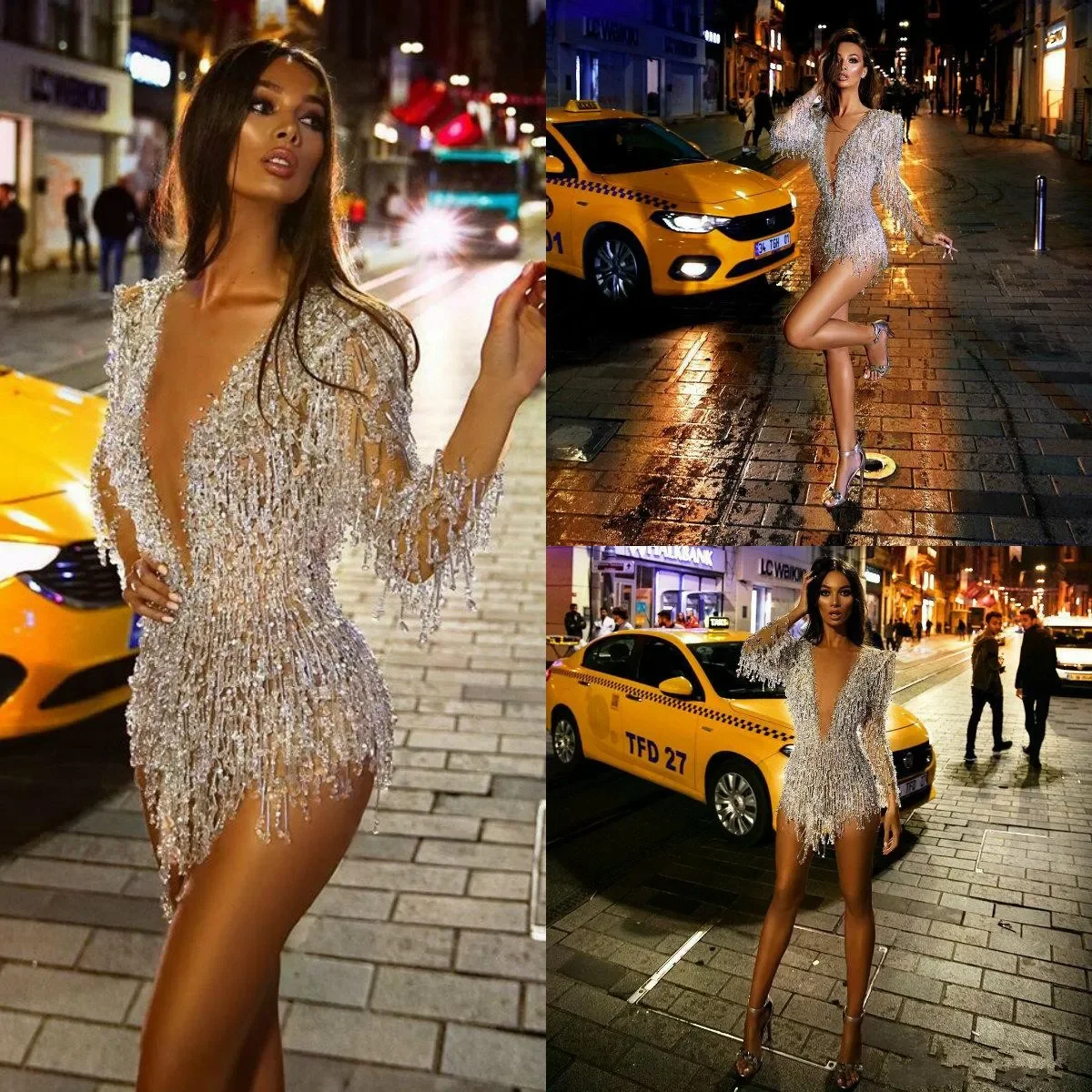 Customized Luxurious Transparent Rhinestone Long Sleeved Cocktail Party Dress Sexy Mini Short V-Neck Party Beauty Pageant Dress