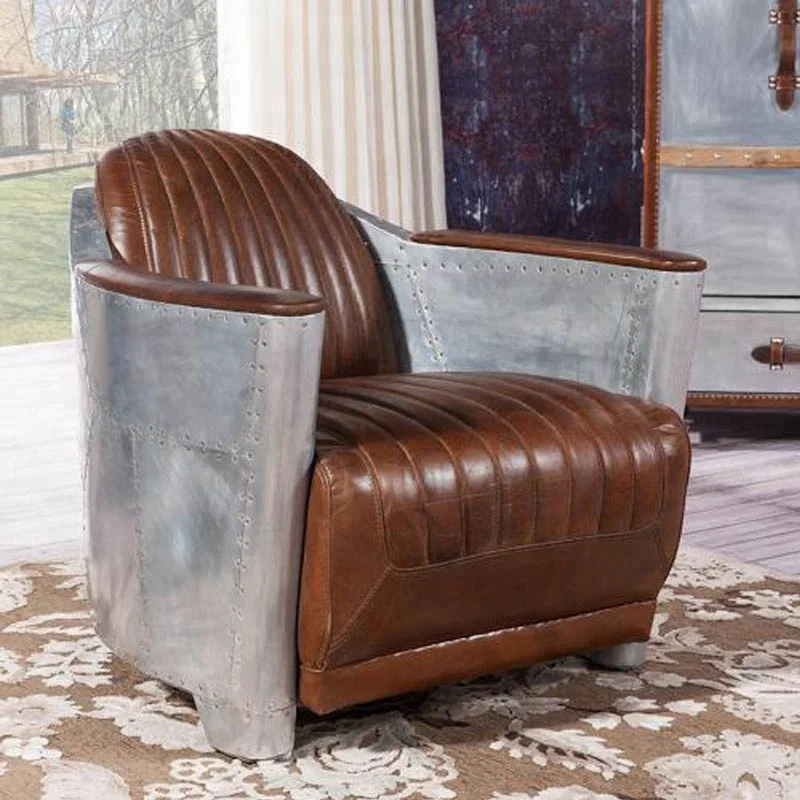 Custom Industrial Furniture Aviation Armchair Aluminium Vintage Brown Leather Sofa Chair Aircraft Tomcat Chair for bar Hotel