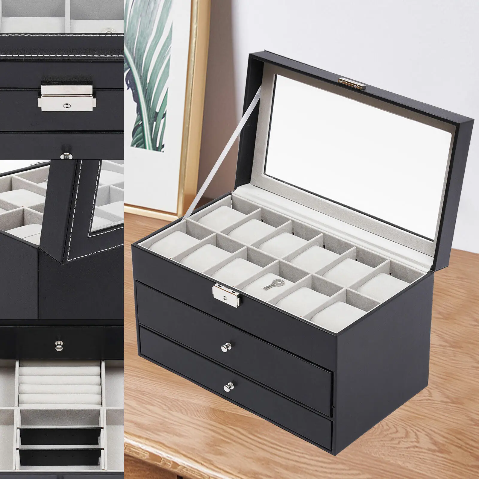 

3-Layer Jewelry Storage Box 25 Slots Watch Sunglasses Organizer Display Case