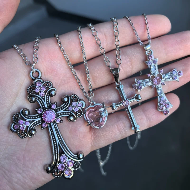 4Pcs Gothic Silver Powder Water Diamond Cross Pendant Pink Imitation Crystal Heart Pendant Women's Necklace