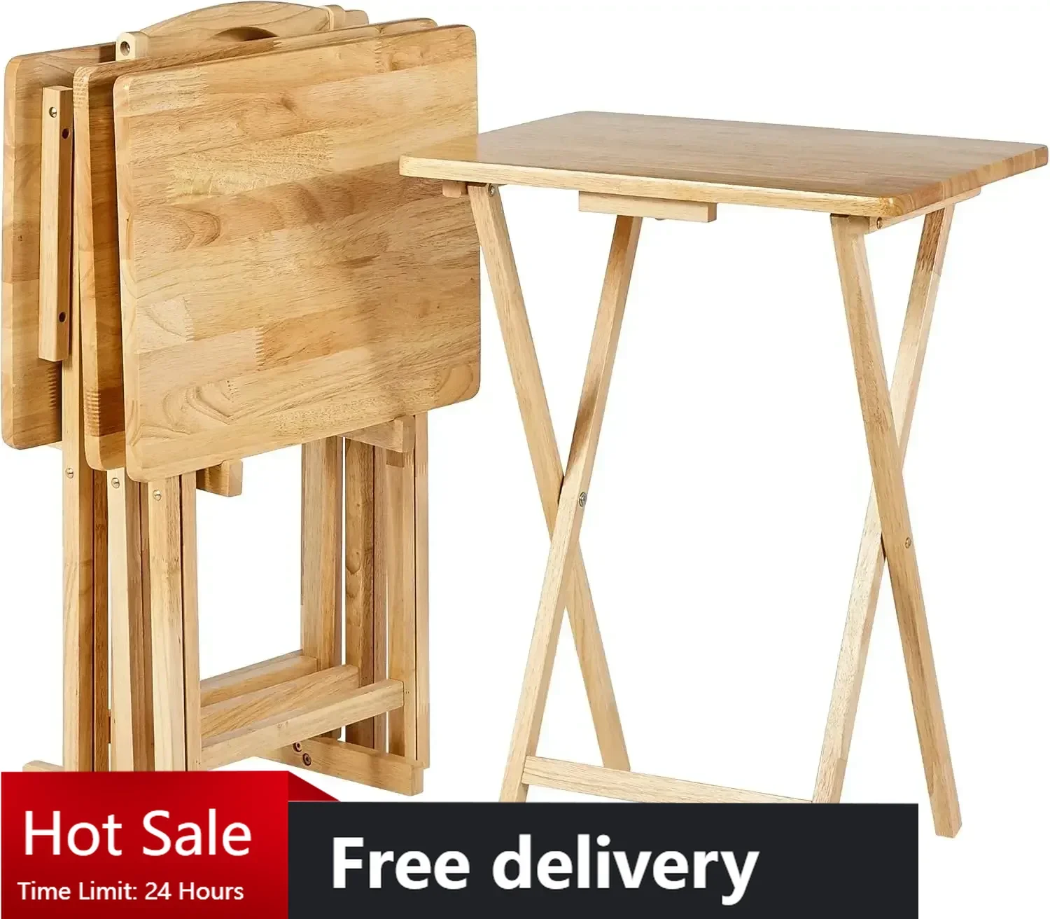 

Classic TV Dinner Rectangular Folding Tray Table with Storage Rack, Natural - Set of 4 Trays, 15"D x 19"W x 26"H