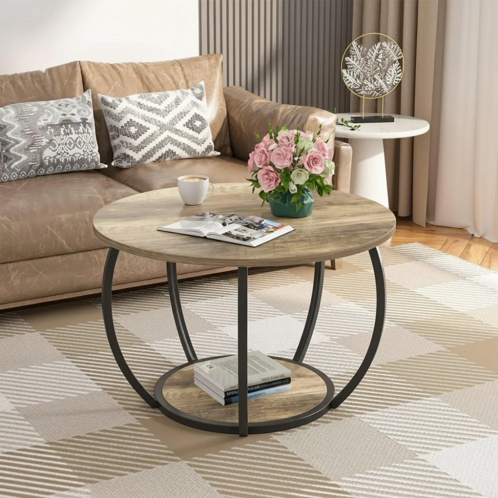 

Modern Round Coffee Table with 2-Tier Storage, Adjustable Feet, Grey Finish for Small Living Rooms