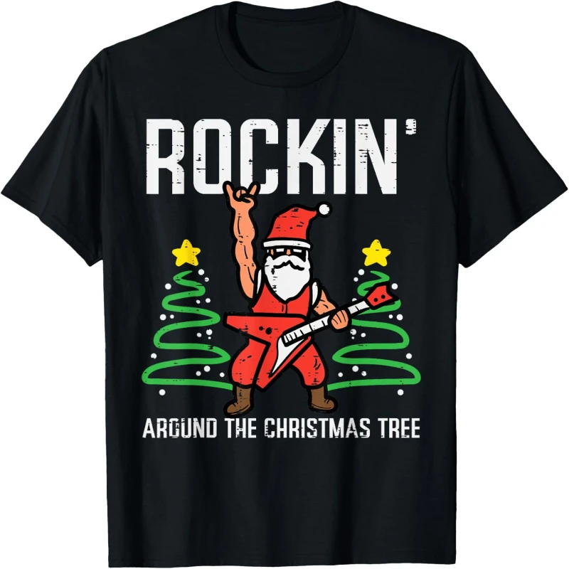 Creative Santa Guitar Rockin Christmas Tree Funny Xmas Rocker Men Boy Trending Graphic T-Shirt High Quality Cotton Short-sleev