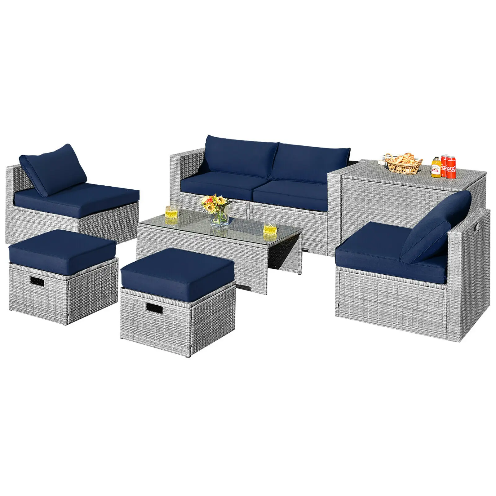 Patiojoy 8PCS Patio Rattan Furniture Set Storage Waterproof Cover Navy Cushion  HW68604NY+