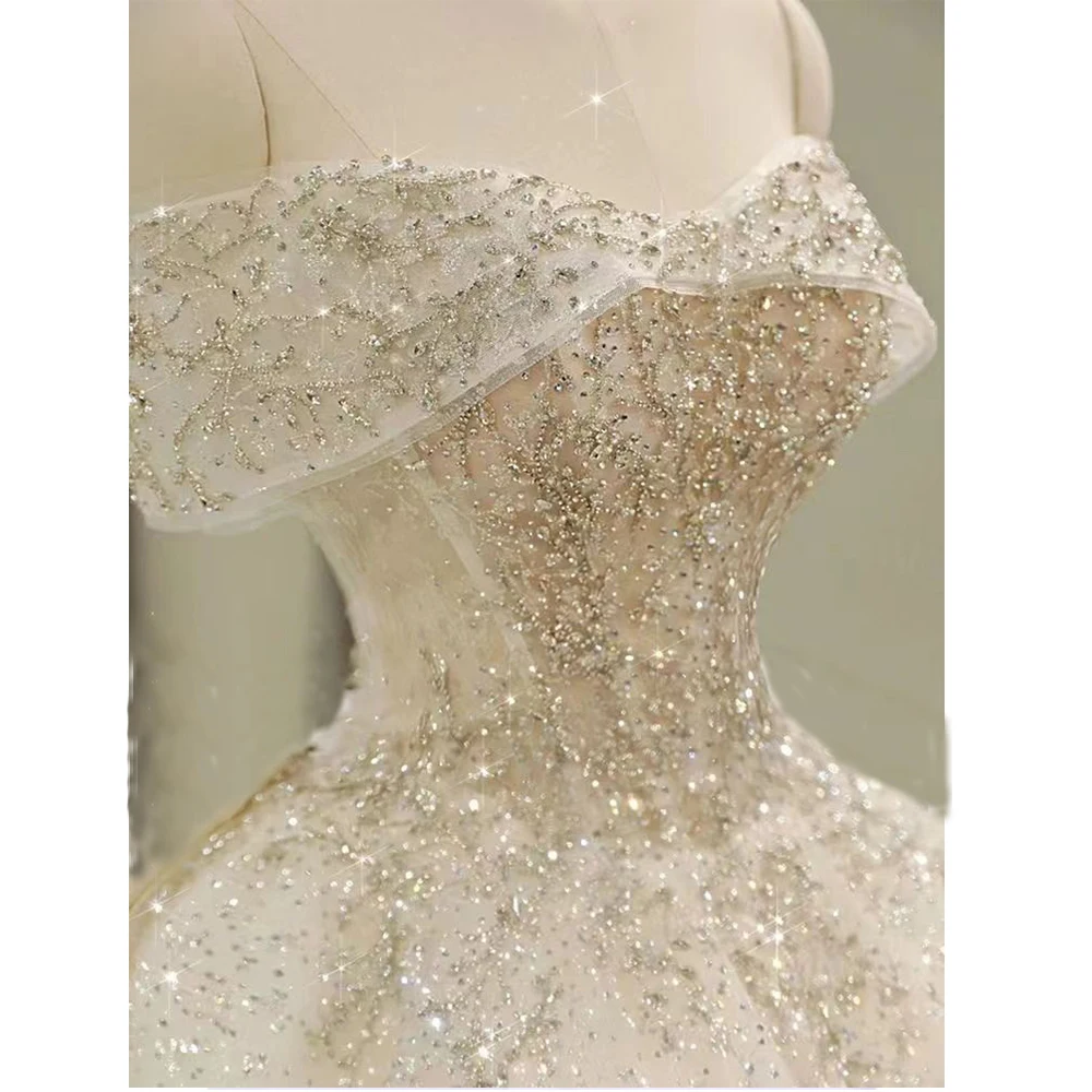 ZJ4047 Off The Shoulder Shine Wedding Dresses Elegant Appliques Lace Up Bride Dress Cathedral Train Bridal Gown Plus Size