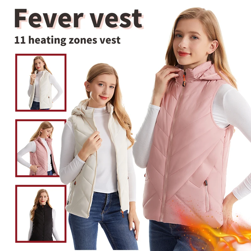Women's Winter Smart Heated Vest, 11-Zone Heated Vest, USB-Powered Solid-Color Hooded Jacket, Casual, Sports, and Outdoor Warmth