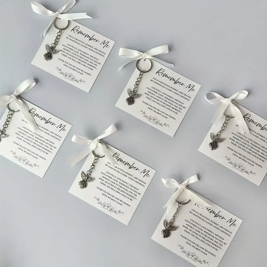 1/5/10/20/50/100pcs Angel Keychain Funeral Party Packs, Including 50 Keychains and White Ribbon, with Inspirational Greeting Car