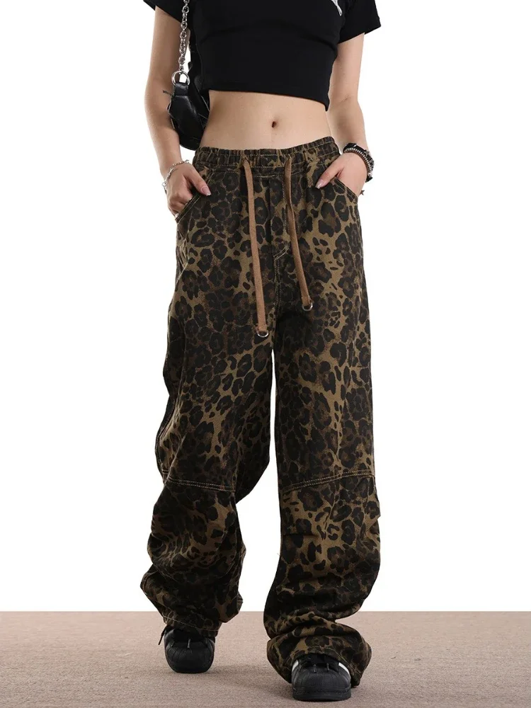 جديد الهيب هوب ليوبارد طباعة بنطال ذو قصة أرجل واسعة للنساء الخريف فضفاض مستقيم بنطلون عالية الخصر الرباط كل مباراة ​ بانتالون فام