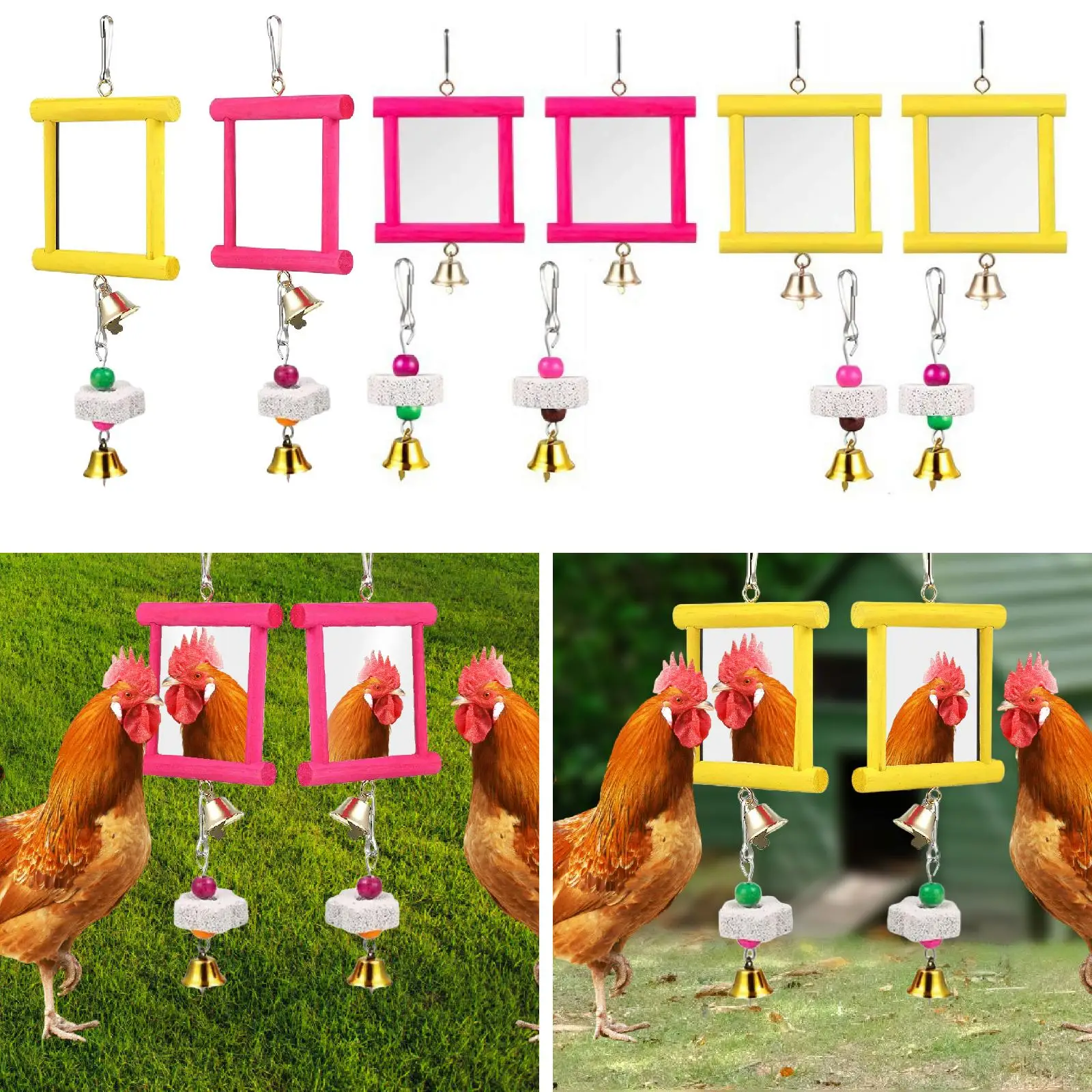 

2Pcs Chicken Mirror Toys with Bell Cage Accessories Wooden Pecking Toy Beak Grinding Stones for Parakeets Budgie Coops Birds