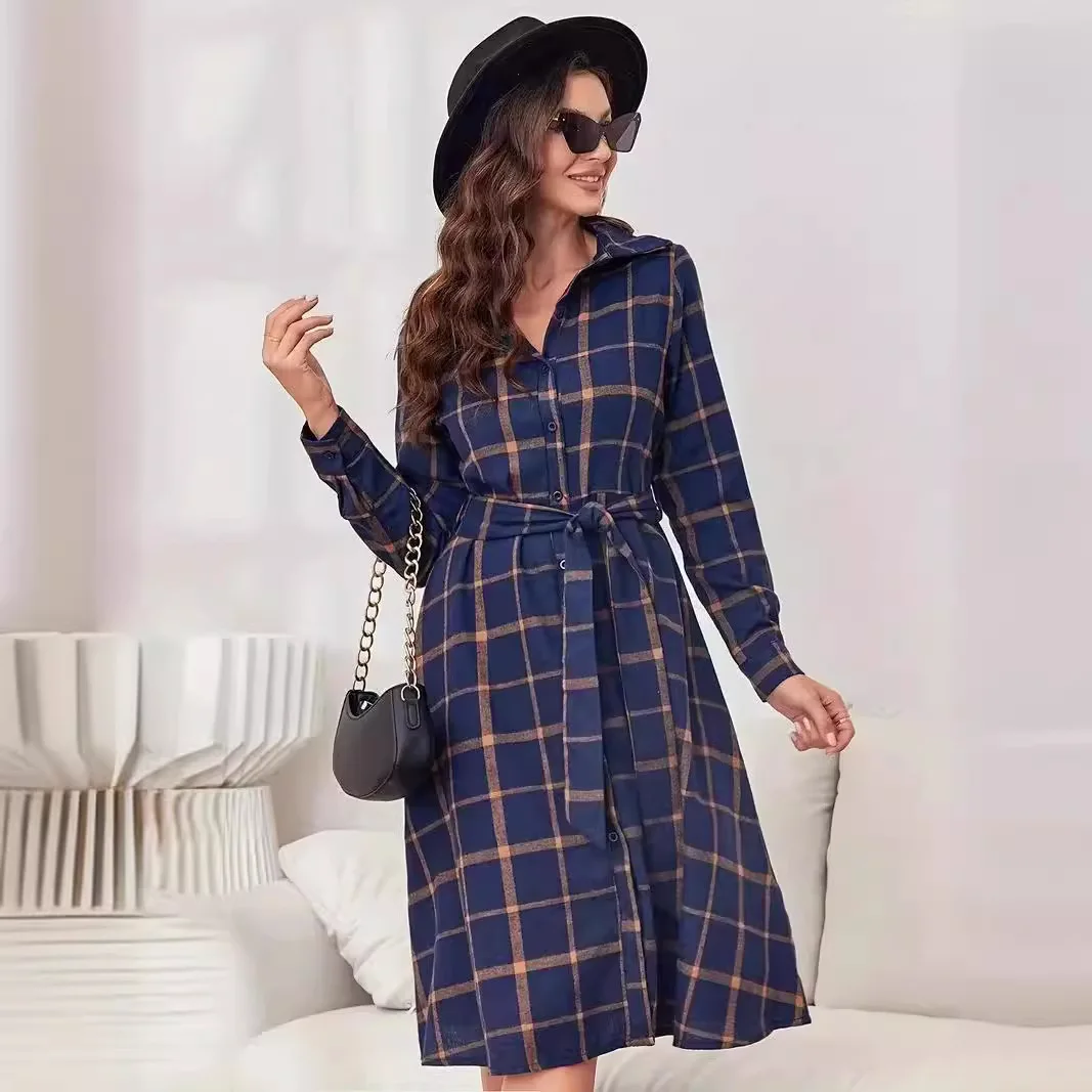 2025 Robe Femme Spring Autumn Elegant Versatile Temperament Checkered Collar Long Sleeve Strap Long Linen Dress Strap Long Shirt