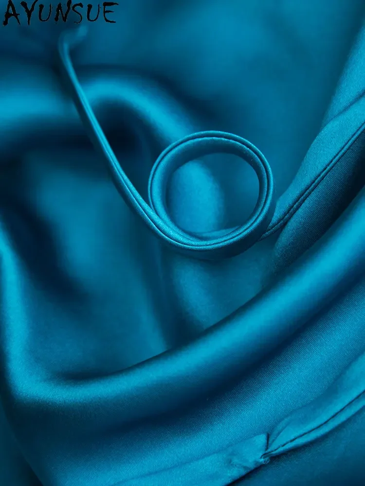 Ayunsue Echte Zijde Jurk Vrouw Hoge Kwaliteit Lange Satijnen Jurk 2021 Mode Blauwe Elegante Jurken Vestidos De Verano Kj