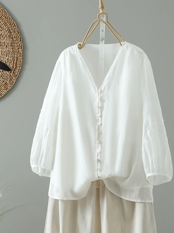 

Elegant Heavy Embroidery Linen Shirt Women's Loose Casual V-neck Seven-quarter Sleeve Sun Protection Top for Summer 2026