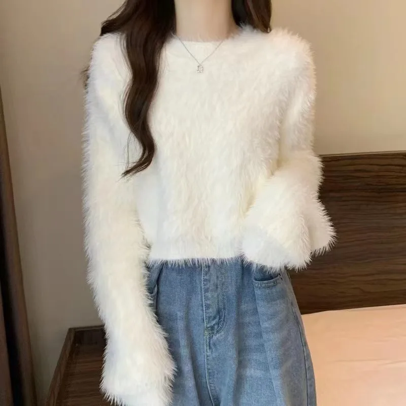 

Korean Sweet Soft Short Sweater Loose Slim Faux Mink Knitwear Plush Fluffy Cozy Pullover Casual Lazy Chic Knit Top For Women
