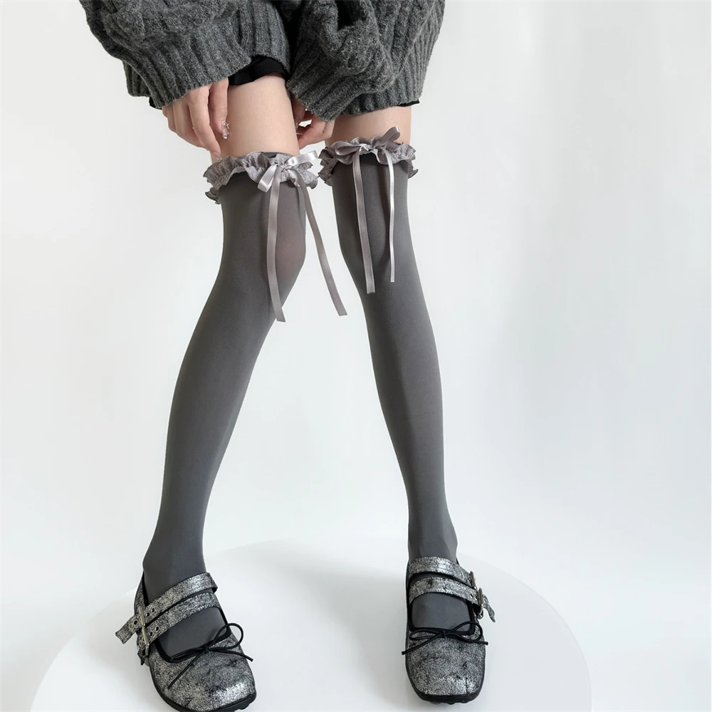 Lolita Over-the-knee Socks Women's Velvet Sweet Lace Bowknot Thigh High Stockings Girls' Japanese JK Uniform Accessories Tights