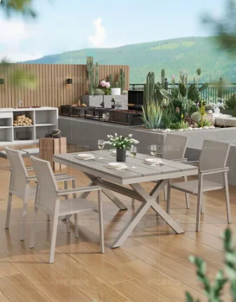 Outdoor plastic wooden tables and chairs, waterproof courtyard, leisure combination, simple outdoor terrace, long table garden