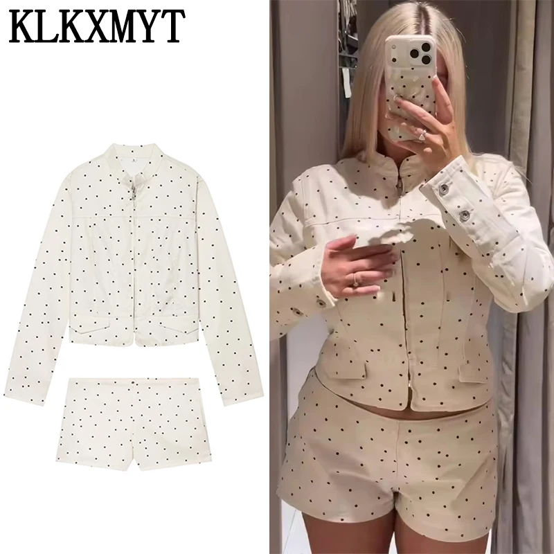 

KLKXMYT Women Polka Shorts Dot Set New Fashion Long Sleeve Zipper Jacket+High Street Mid-Waist Casual Shorts Women's Suit