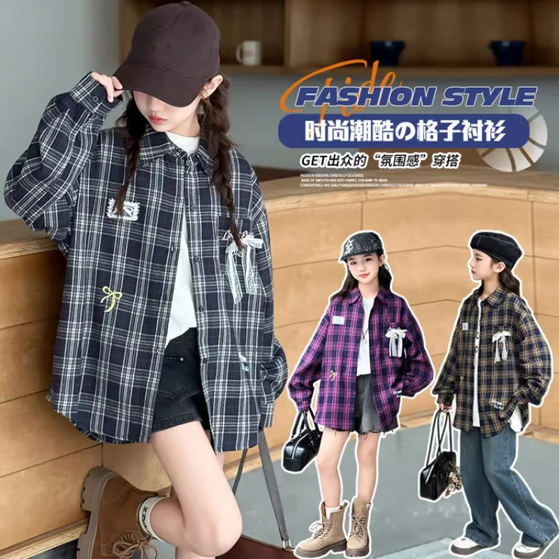 Teenager Kids Girl Spring Autumn Long Sleeve Plaid Blouse with Bow School Children High Fashion Cotton Shirt Trendy Clothing
