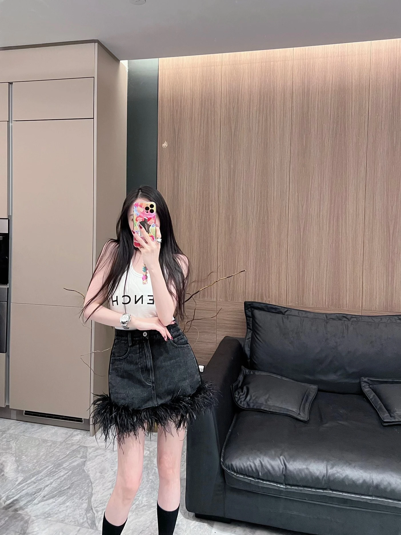 Spring New Fashionable Ostrich Feather Trim Denim Skirt High Waist A-Line Short Skirt Commute Style Pure Color Design
