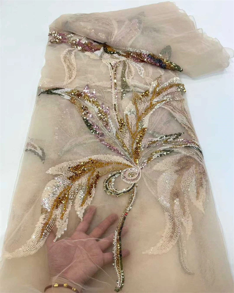 

2025 кружевная ткань ручной работы с бисером, Франция, вышивка блестками, 3D бусины, нигерийская свадебная сетчатая кружевная ткань для шитья