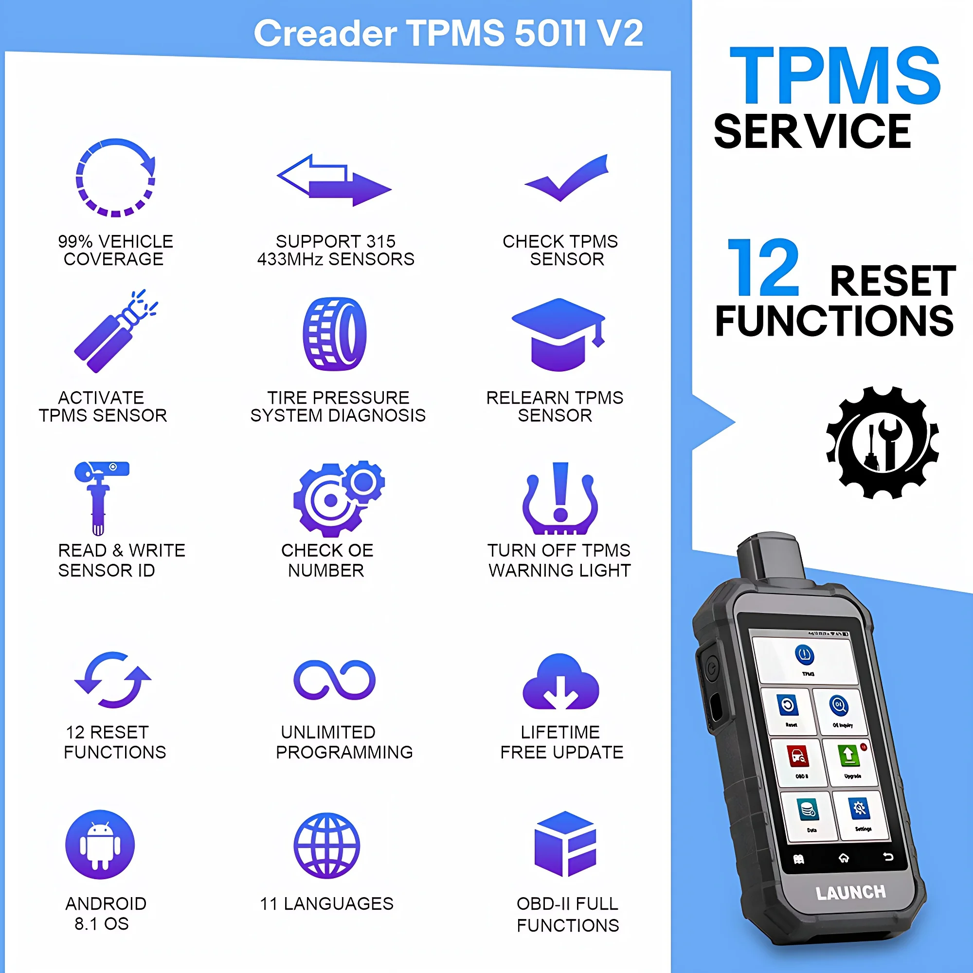 Creader TPMS 5011 V2 Tire Pressure Tester Car Tpms Sensor OE Number Query Tpms Sensor