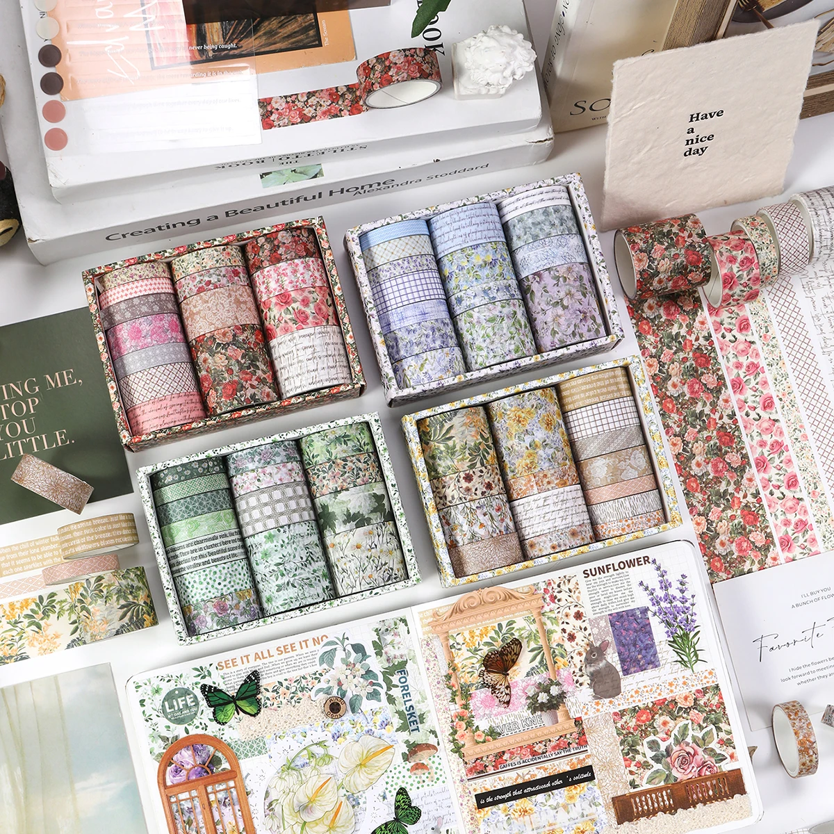 15 Rolls/Box, Exquisite Plant Floral Washi Tape Set, Suitable for DIY Decoration of Notebooks, Stationery, and Gift Boxes