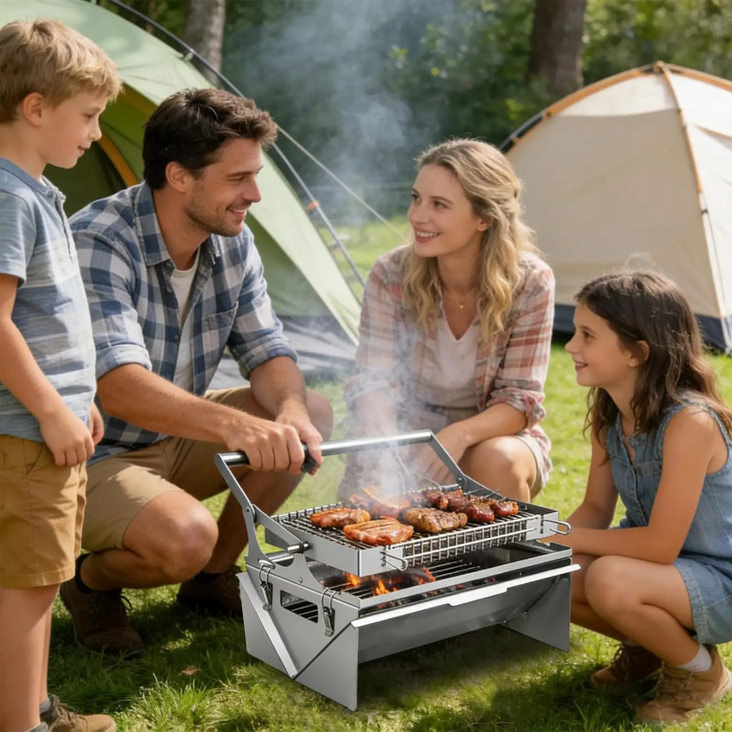 360°Rotating Portable Stainless Steel Charcoal Grill for Camping and Picnics, Detachable, with Handbag, New Upgrade
