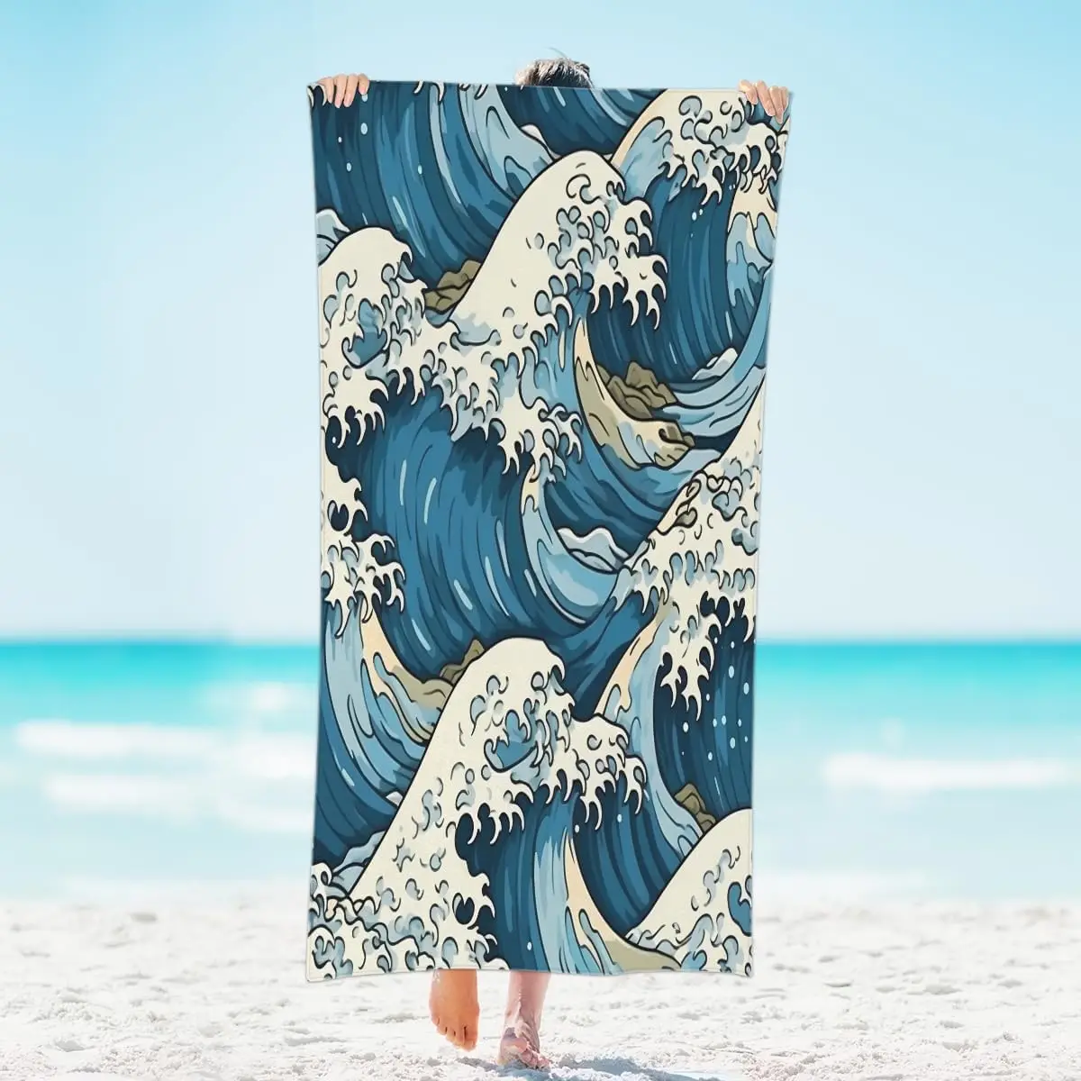 Japanese Wave Beach Towel, Ukiyo-e Art Print, Blue Ocean Wave Pattern,Quick Dry Microfiber, Sand Free, Perfect for Summer Travel