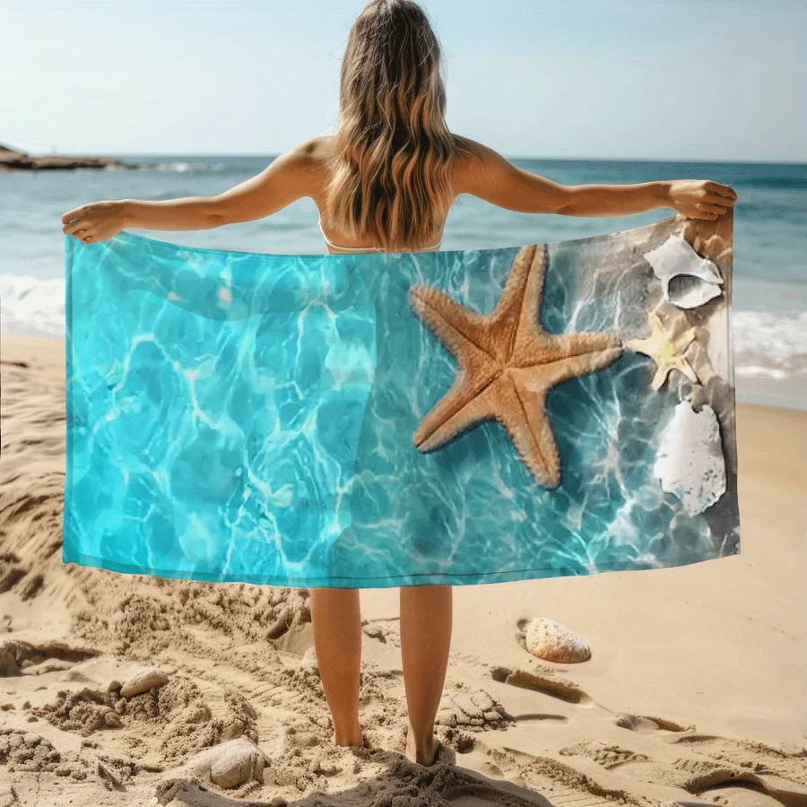1pc Sand-Proof Microfiber Beach Towel with Seascape Print - Soft, Absorbent, Quick- - Suitable for Swimming, Camping, Bathing