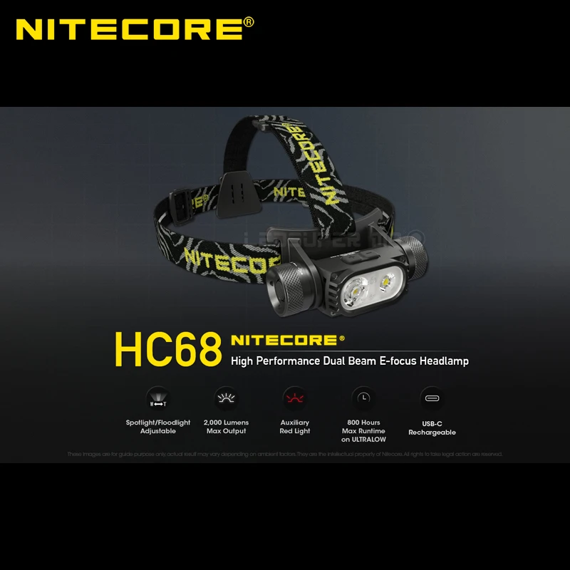 Hunting Light Nitecore HC68 2000 Lumens Dual Beam Rechargeable Focusable Headlamp with 3500mAh Battery