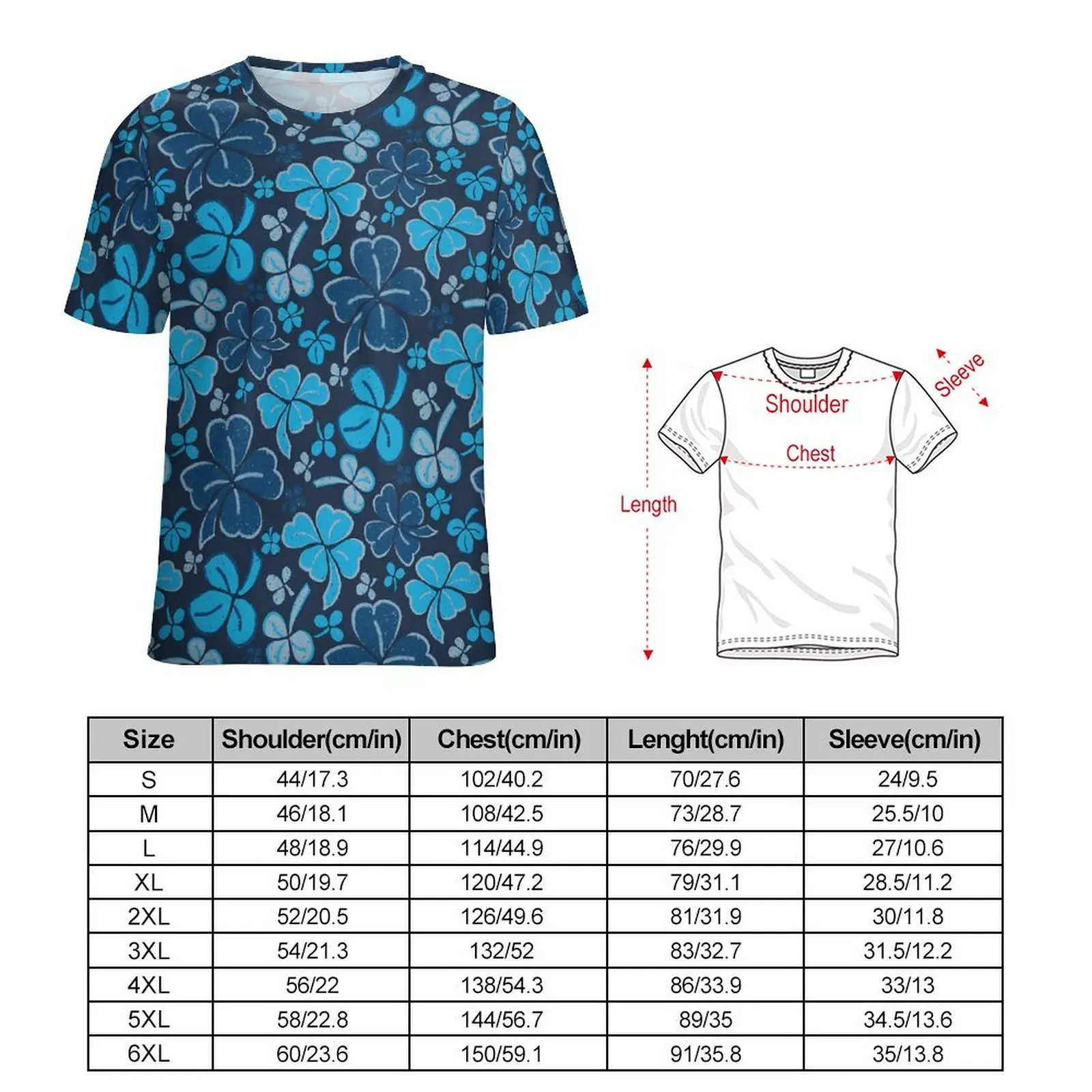 St Patricks Day T-Shirt For Men Blue Shamrock Print Graphic O Neck T Shirts Cool Clothes Short-Sleeved Kawaii Oversize Tee Shirt
