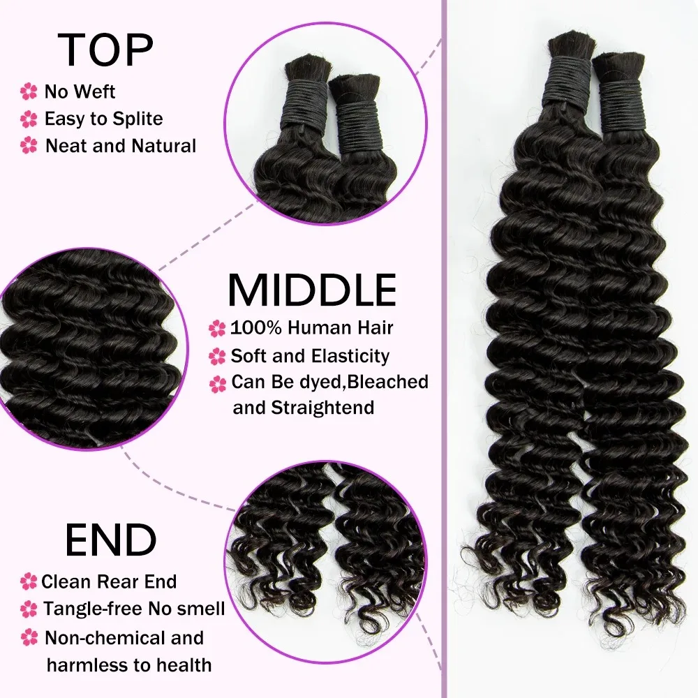 BULK Braiding Hair 100% ผมมนุษย์ Deep WAVE ที่ยังไม่ได้ไม่มี Weft Boho Braids ผมมนุษย์ส่วนขยายของบราซิล Virgin Hair