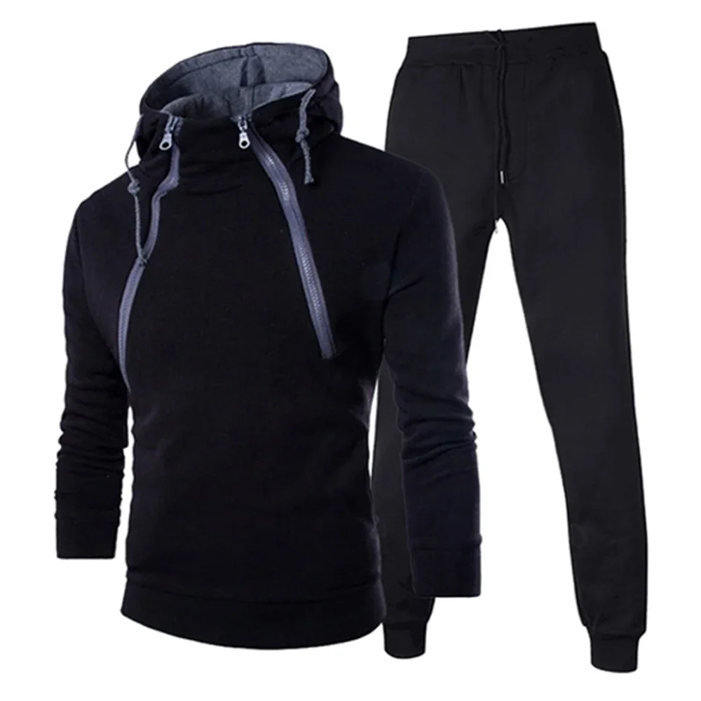 

Men's Tracksuit Thickening Zipper Hoodies + Sweatpants Outfits Man Sweatshirt 2PCS Double Zipper Warm Windproof Outwear