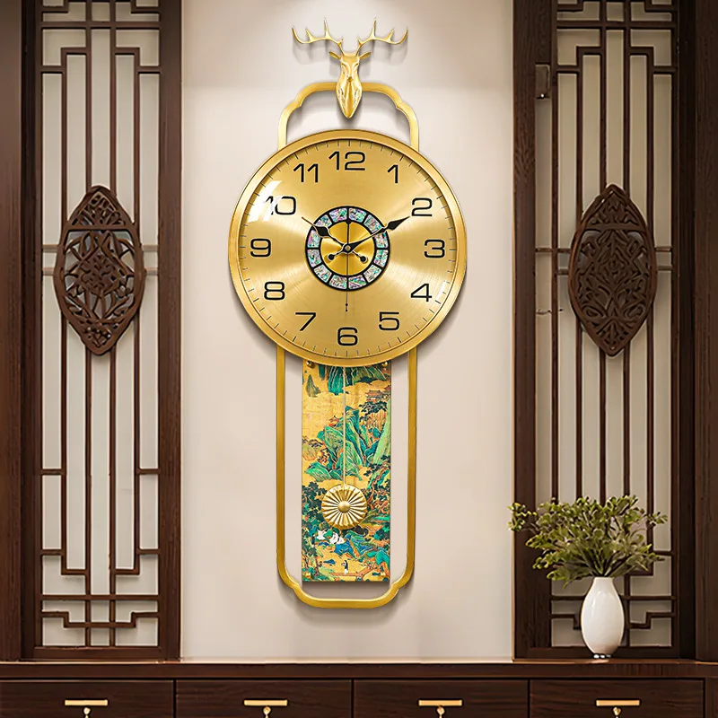 New Chinese brass wall clock Home living room decorative wall clock Creative Jiangshan chart Wall hanging light luxury silent