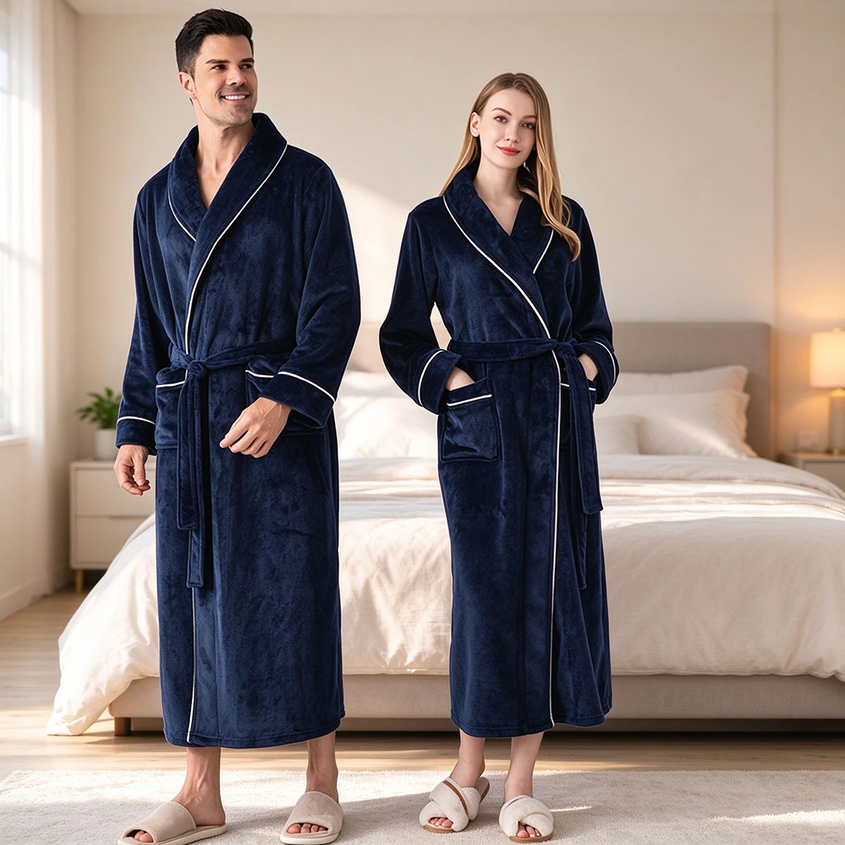 Paar-Bademantel für Damen und Herren, Flanell-Fleece-Morgenmantel, dicker, warmer Plüschmantel mit Schalkragen und Gürtel, Winter-Schlafanzug, Loungewear – Detail 3