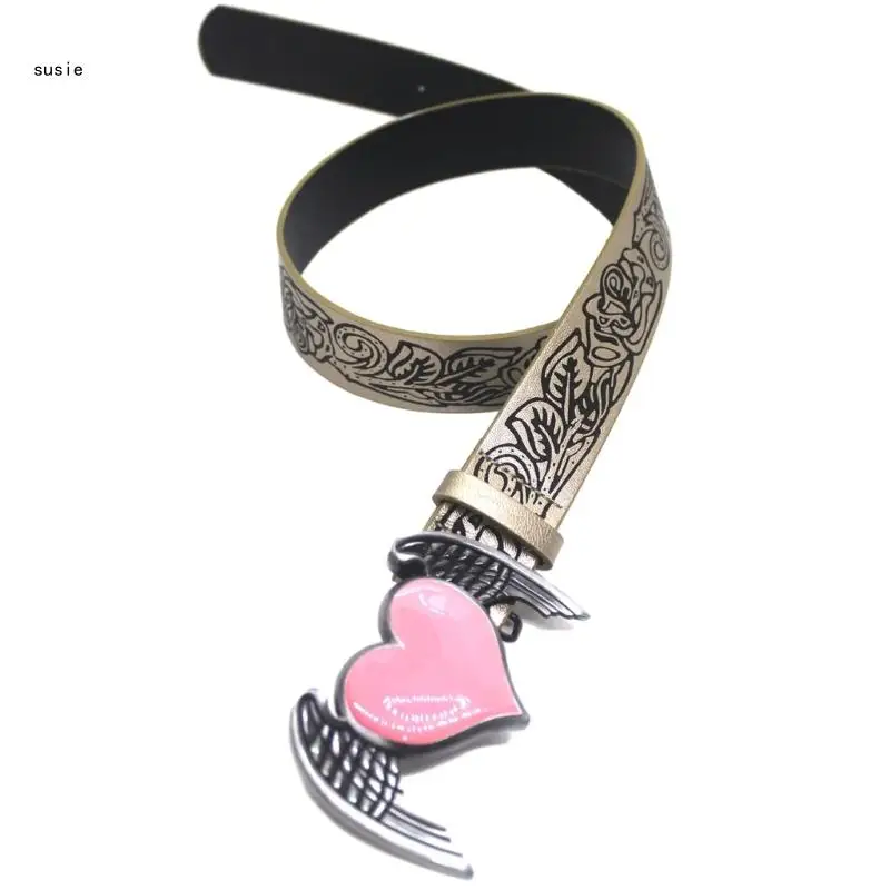 X7YA Waist Belt Engraved Buckle for Cowboy Cowgirl with Pink Heart Vintage Belt Hot Girl WaistChain Y2K Sexy Oversize Belt