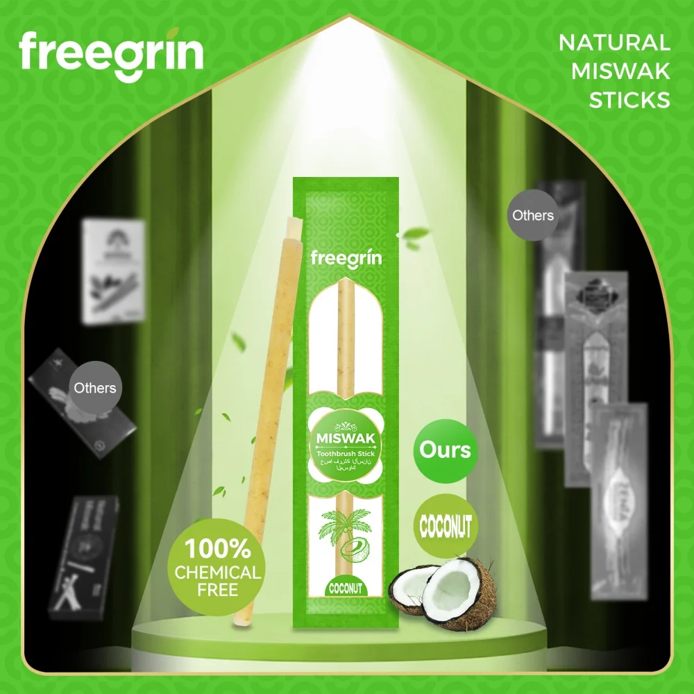 FREEGRIN Palitos de Cepillo de Dientes Miswak Naturales con Sabor a Coco, Hechos con Plantas Árabes, Promueven Encías y Dientes Saludables, Aliento Más Fresco, NUEVO