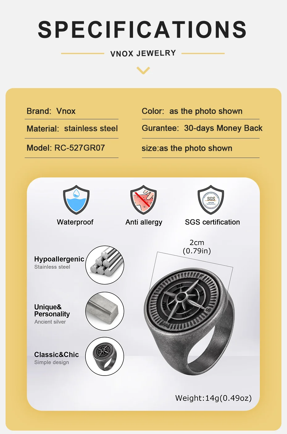 Vnox Herren-Siegelring aus Edelstahl im Antik-Look mit Kompass-Motiv, Vintage Punk Nautischer Navigationsring, Schmuck für den Alltag, Geschenk für Ihn – Detail 4