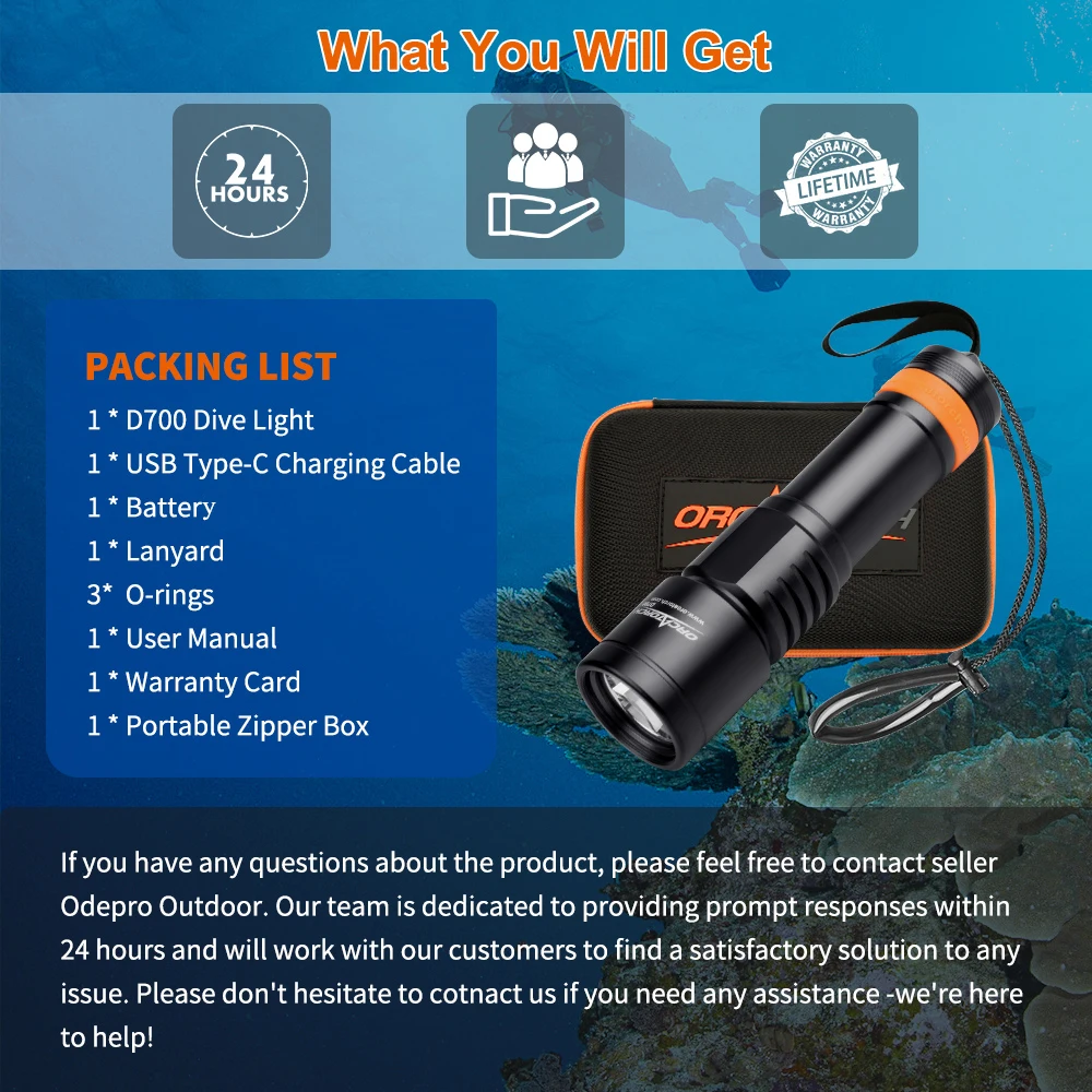 ORCATORCH D700 Professional Diving Flashlight Underwater Lantern Scuba Diving Light Rechargeable Battery Powerful LED Flashlight