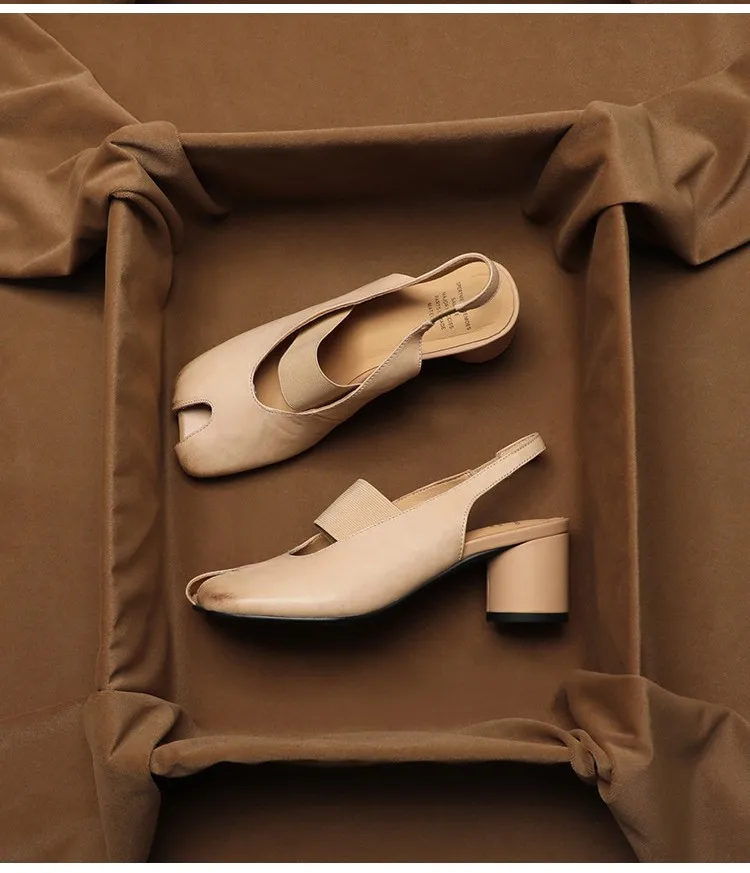 SHOEBOX French Elegant One-Piece Leather Toe Cap Sandals for Women in the Summer of 2026, Retro Thick Heel High-Heeled Shoes