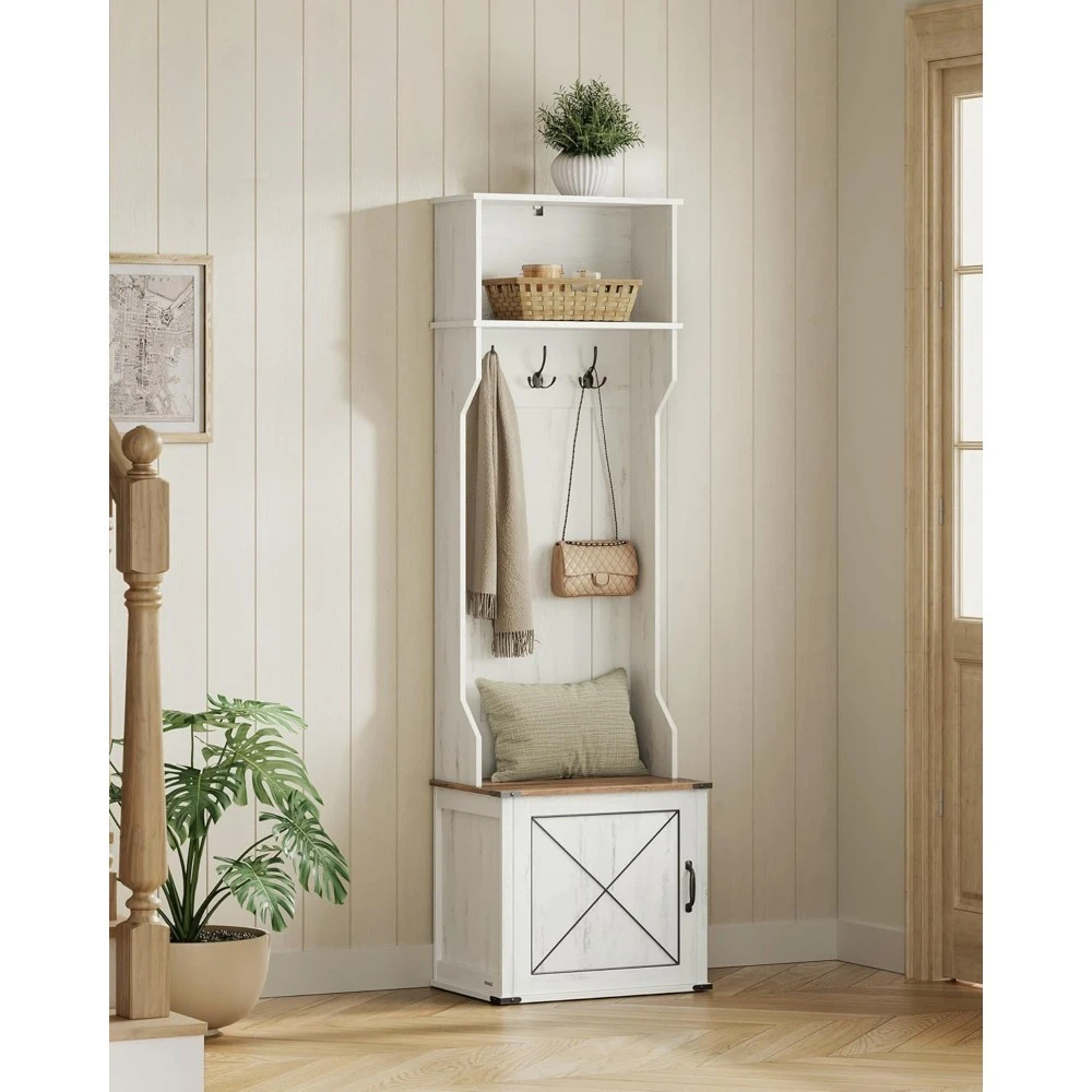 

Coat Rack with Bench and Shoe Storage, Entryway Furniture, 3 Tri-Hooks, Door with Handle, Space Saving for Entry Way, Hallway